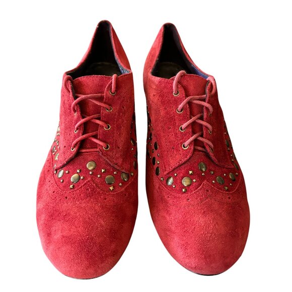 LIBBY EDELMAN Raina Lace Up Studded Oxfords in Red Suede Leather SZ 9.5 - Picture 2 of 9